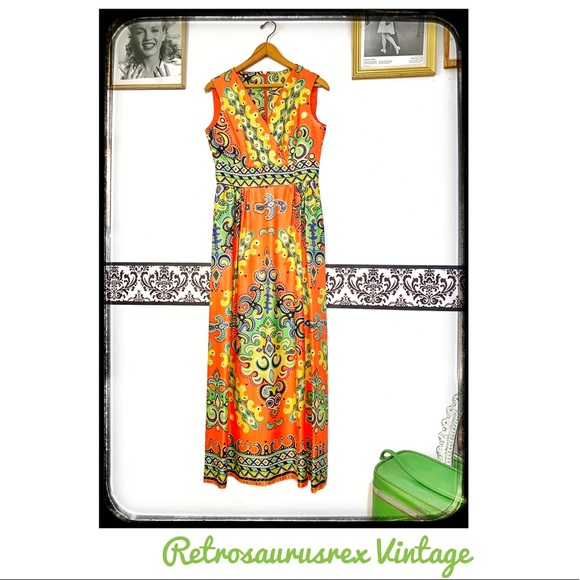 Vintage Dresses & Skirts - Vintage 1960’s Orange & Yellow Maxi Dress Large